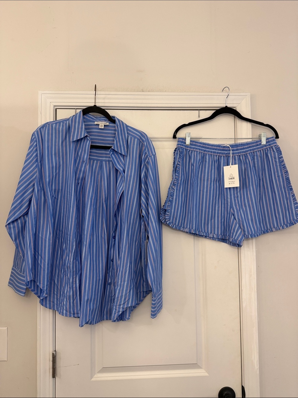 SET- blue striped button down shirt & ruffle shorts. Medium! NEW W TAGS